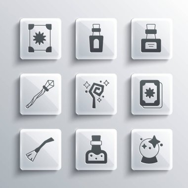 İksir şişesi, sihirli top, Tarot kartları, asa, cadı süpürgesi, antik büyü kitabı ve ikon. Vektör