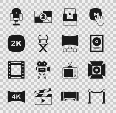 Halat engeli, spot ışıkları, CD disk ödülü, sinema koltuğu, yönetmen filmi, 2k Ultra HD ve ekran ikonlu oditoryum. Vektör