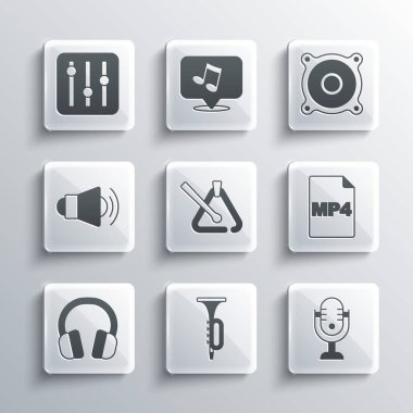 Set Trumpet, Microphone, MP4 file document, Triangle musical instrument, Headphones, Megaphone, Sound mixer controller and Stereo speaker icon. Vector