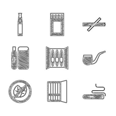 Puro, sigara tabakası pipo, tütün yaprağı, elektronik sigara ve ikon yasak. Vektör