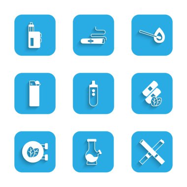 Elektronik sigara, sigara, sigara, tıbbi nikotin bantları, tütün yaprağı dükkanı, çakmak, ateş ve Vape mod cihaz ikonu. Vektör