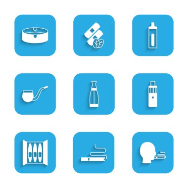 Vape sıvı şişesi, sigara, sigara içen adam, mod cihazı, pipo yok, Elektronik ve Küllük ikonu. Vektör