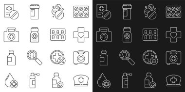 Haçlı hemşire şapkası, ilk yardım çantası, kalp, ilaç hapı ya da tablet, şişe, reçeteli ilaç ve ilaç kutusu ikonu. Vektör