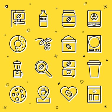 Sıraya dizilmiş kahve çekirdekleri, paket kahve fincanı, elektronik pullar, kavanoz şişesi, fasulye, dal, tatlı jöleli çörek, sokak tabelası ve ikon. Vektör