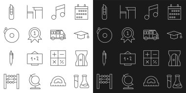 Set line Test tube and flask, Pencil sharpener, Graduation cap, Music note, tone, Medal, Ringing alarm bell, Stationery knife and School Bus icon. Vector
