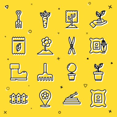 Sıraya dizilmiş bitki tohumları, saksıda bitki, çuvala mısır, ağaç, çiçek, bahçe tırmığı ve el yapımı makas ikonu. Vektör