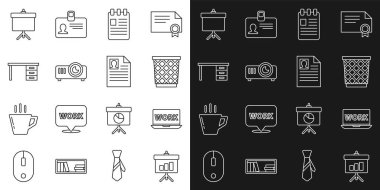 Diyagram, dizüstü bilgisayar metni, çöp kutusu, Spiral defter, Film, film, medya projektörü, Ofis masası ve Devam simgesi ile Chalkboard satırını ayarla. Vektör