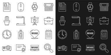 Arama görevlileri için çizgi büyüteç, Spiral defter, evrak çantası, bilek saati, masa lambası, kaktüs ve sulu kap, diyagram ikonlu Özgeçmiş ve Tebeşir tahtası. Vektör