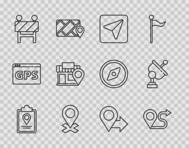 Çizgi haritasını konum işaretleyici, rota, şehir navigasyon, konum, yol bariyeri, depolama ve Radar simgesi ile birlikte ayarla. Vektör