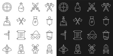 Ortaçağ tahtı, bayrak, çapraz ortaçağ kılıcı, taştaki kılıç, yuvarlak tahta kalkan ve eski para çantası ikonu. Vektör