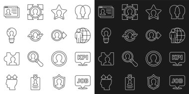 Konuşma baloncuğunu işle ayarla, anahtar performans göstergesi, kafa avcılığı, insan kaynakları, ampul, Özgeçmiş ve Hesap Ekranı simgesi oluştur. Vektör