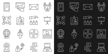 Dizüstü bilgisayar, Tarayıcı dosyaları, Chalkboard, Zarf, kimlik kartı, dünyanın konumu, Kontrol Listeli Pano ve Patron çalışan simgesi. Vektör