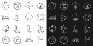 Cone rüzgar gülünü, Meteoroloji termometresini, Ay 'ı, Fırtınayı, Hava tahminini ve yağmur ikonlu Bulut' u ayarlayın. Vektör