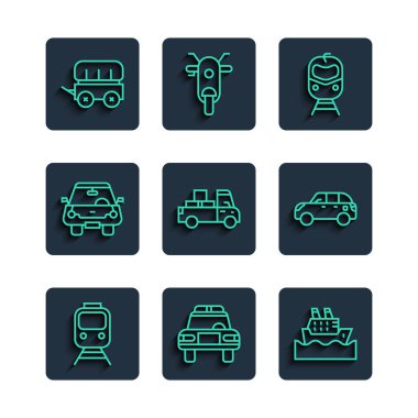 Tren ve demiryolu, polis arabası teşhircisi, yolcu gemisi, teslimat kamyonu, araba, Vahşi batı koruma vagonu ve Hatchback ikonu. Vektör
