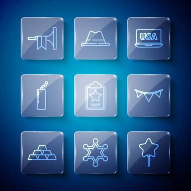 Altın külçeler, Hexagram şerifi, Balon, ABD dizüstü bilgisayarı, Bağımsızlık Günü, Dinamit bombası, Trompet ve bayrak ikonlu Karnaval çelengi. Vektör