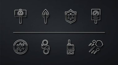 Hat oluşturun Barış, Protesto, Telsiz, Kelepçe, Meşale, Uçan Taş ve Polis rozet ikonu. Vektör