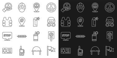 Çizgi belirleyici, protesto, gaz maskesi, barış, kurşun geçirmez yelek, Barış ve Biber gazı ikonu. Vektör