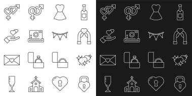 Kalp şeklinde bir kale, İki Bağlı Kalp, Düğün kemeri, Kadın elbisesi, Fotoğraf makinesi, el, cinsiyet ve bayrak ikonlu bir karnaval çelengi. Vektör