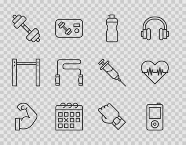 Vücut geliştirici kas, müzik çalar, fitness karıştırıcı, takvim fitness, Dumbbell, ip atlama, akıllı saat ve kalp atış hızı ikonu. Vektör