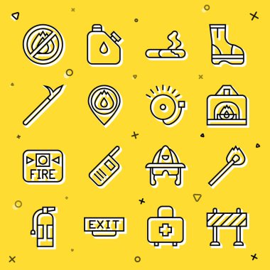 Hat bariyeri, yangın söndürme kibriti, şömine, sigara, konum alevi, metal mızrak direği, No ve zil ikonu. Vektör
