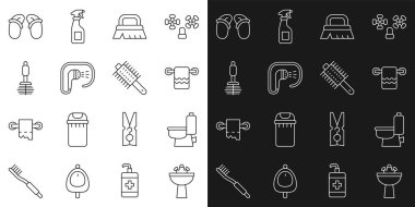 Lavaboyu su musluğu, klozet, havluyu askıya al, temizlik için fırça, duş, fırça, terlik ve saç fırçası ikonu hazırla. Vektör