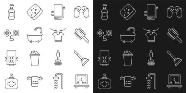 Set line Washbasin mirror, Rubber plunger, Hairbrush, Electric boiler, Bathtub, Water tap, Bottle of liquid soap and Drying clothes icon. Vector