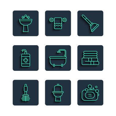 Tuvalet fırçası, kase, sabun, lavabo pompası, banyo pompası, el dezenfektanı şişesi, çeşmeli lavabo ve havlu yığını ikonu. Vektör