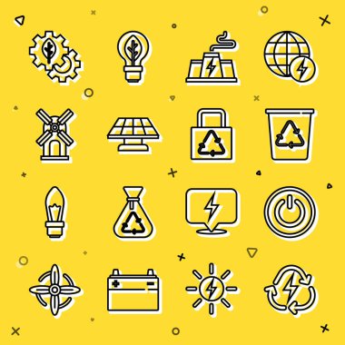 Hat pilini geri dönüşüm, güç düğmesi, geri dönüşüm kutusu, istasyon fabrikası, güneş enerjisi paneli, rüzgar türbini, yaprak teçhizat makinesi ve kağıt torba ikonu ile ayarla. Vektör