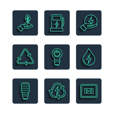 Hat LED ampulü, geri dönüşümlü pil, elektrik prizi, şimşek, yıldırım, geri dönüşüm sembolü, bitki eli ve su enerji ikonu. Vektör