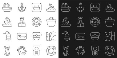 Lifebuoy hattı, katlanmış harita, sahil çantası, cankurtaran botu, gemi kaptanı, Cruise ve deniz manzaralı gemi penceresi. Vektör