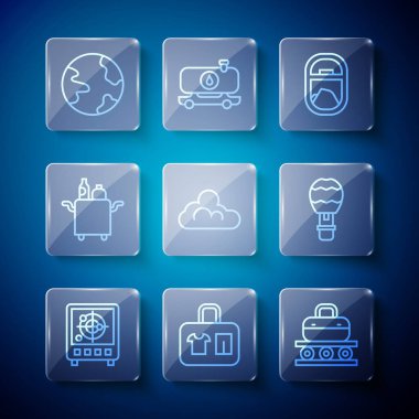 Radar 'ı monitörde hedeflerle, bavulla, bavulla, uçak penceresiyle, bulutlu hava durumuyla, yemek için Trolley' le, dünya çapında ve sıcak hava balonu ikonuyla ayarlayın. Vektör