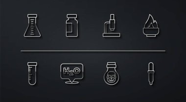 Test tüpü ve matara, alkol veya ruh yakıcı, şişe zehri, H2O, Pipette ve Microscope ikonu için kimyasal formül ayarlayın. Vektör