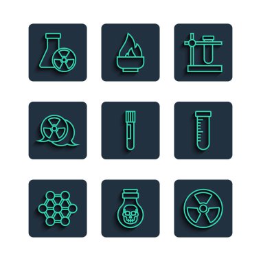 Molekül, şişedeki zehir, radyoaktif deney tüpü standı, radyasyon ve ikon. Vektör