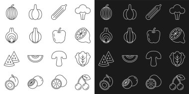 Kiraz, Lahana, Limon, Taze Salatalık, Soğan, Karpuz ve Elma ikonu. Vektör