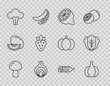 Sıra mantar, sarımsak, limon, soğan, brokoli, çilek, taze salatalık ve lahana ikonu. Vektör