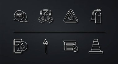 Hattı ayarla 911 'i ara, acil durumda telefon, yangın söndürücü, yanan garaj, yanan kibrit, gaz maskesi, trafik konisi ve alev üçgeni ikonu. Vektör