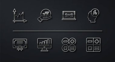 Set line Graph, schedule, chart, diagram, Certificate template, Function mathematical symbol, Calculator, Computer monitor with graph, Square root of x glyph,  and Chalkboard icon. Vector