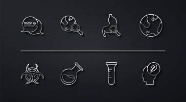 Çizgi DNA sembolü, Biyolojik Tehlike, Dünya küresi, test tüpü ve matarası, büyüteçle büyüteç, insan kafası ve mide büyütme ikonu. Vektör