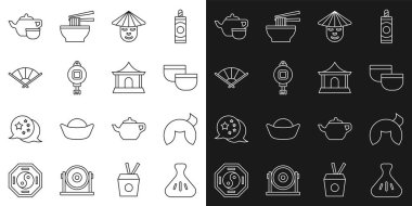 Hamur köftesi, Çin fal kurabiyesi, çay seremonisi, kağıt fener, Japon katlama yelpazesi ve ev ikonu. Vektör