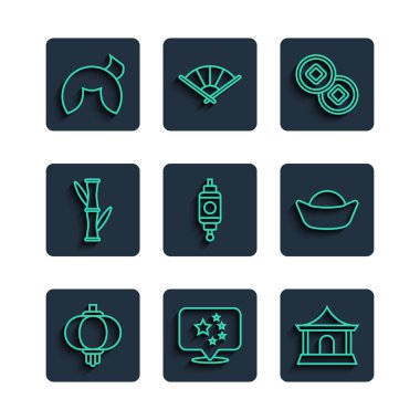 Çin kağıt feneri, Çin bayrağı, ev, Yuan parası, bambu, fal kurabiyesi ve suşi ikonu. Vektör