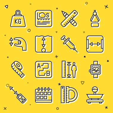 Satır Ölçeği, Akıllı Saat, Alan Ölçümü, Çapraz cetvel ve kalem, Derinlik, Ortalama Ölçümler, Ağırlık ve Şırınga simgesi. Vektör