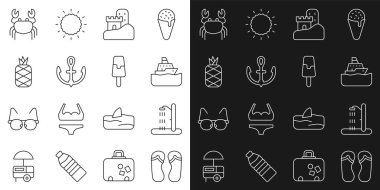 Sıralı terlikler, plaj duşu, gezi gemisi, kumdan kale, dayanak noktası, ananas, yengeç ve dondurma ikonu. Vektör