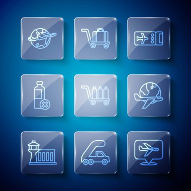 Hat havaalanı kontrol kulesi, yolcu merdiveni uçak bileti, uçak bileti, tramvay bagajı, su şişesi yok, uçan ve ikonlu Globe. Vektör