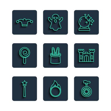 Sihirli değnek, sirk ateş çemberi, tek tekerlekli bisiklet, top, sihirbaz şapkası tavşan kulakları, lolipop, zilli soytarı ve kale ikonu. Vektör