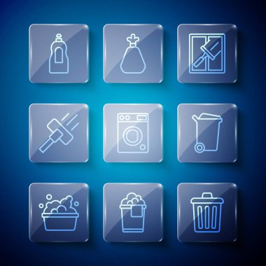 Sabun köpüklü leğen, kova köpüğü, çöp kovası, pencereler için lastik temizleyici, çamaşır makinesi, süpürge, bulaşık deterjanı, sıvı şişe ve ikon. Vektör