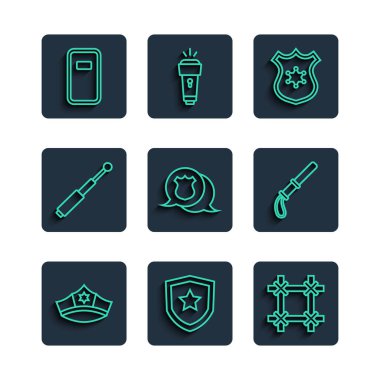 Polis şapkası, papağan, rozet, hapishane penceresi, teleskopik cop, saldırı kalkanı ve plastik ikon. Vektör