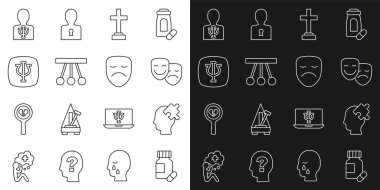 Yatıştırıcı haplar, sorunun çözümü, komedi ve trajedi maskeleri, Graves cenaze kederi, sarkacı, psikoloji, psişik ve tiyatro ikonu. Vektör