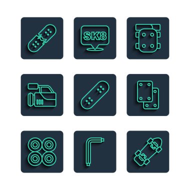 Çizgi kaykay tekerleği, araç aleni anahtarlar, dizlikler, sinema kamerası, kırık kaykay güvertesi ve ikon. Vektör