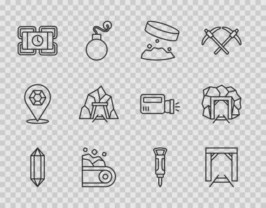 Mücevher taşı, maden girişi demir tozu tutan dev mıknatıs, kömür taşıyan taşıyıcı bant, dinamit, inşaat matkabı ve ikon. Vektör