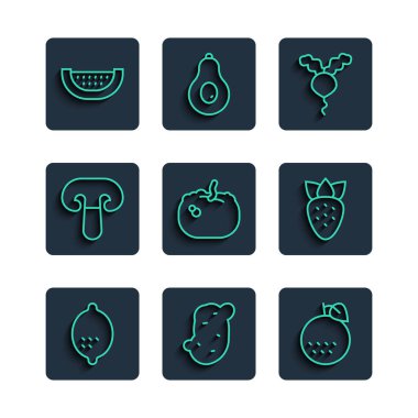 Limon, Patates, Portakal, Turp, Balkabağı, Mantar, Karpuz ve Çilek ikonu. Vektör